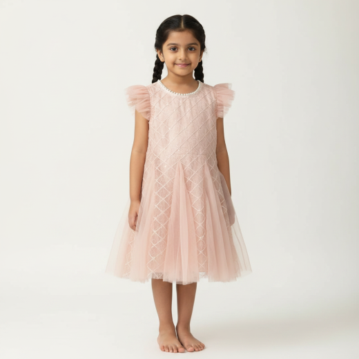 Girls Peach Embroidered Party Wear Dress with Pearl Neck & Soft Tulle