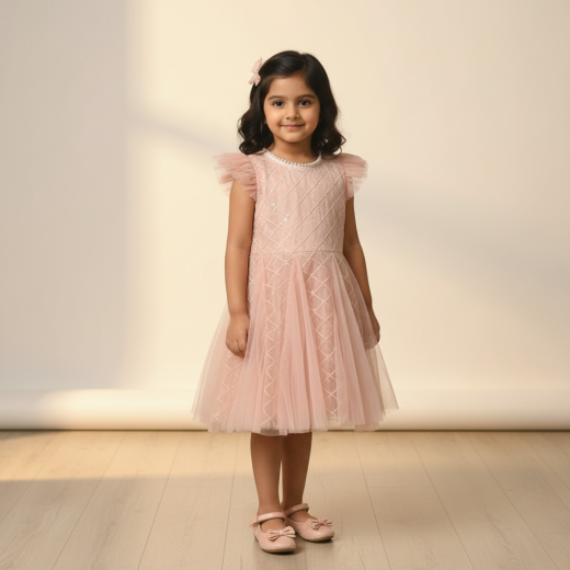 Girls Peach Embroidered Party Wear Dress with Pearl Neck & Soft Tulle