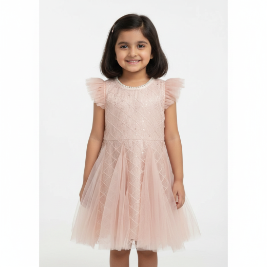 Girls Peach Embroidered Party Wear Dress with Pearl Neck & Soft Tulle