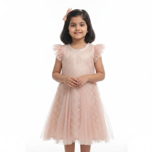 Girls Peach Embroidered Party Wear Dress with Pearl Neck & Soft Tulle