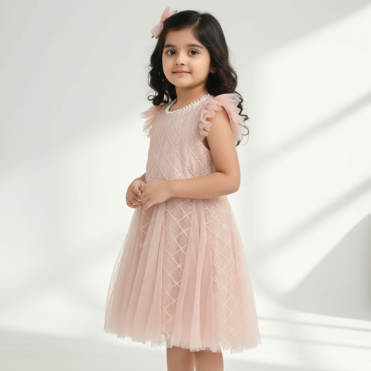 Girls Peach Embroidered Party Wear Dress with Pearl Neck & Soft Tulle
