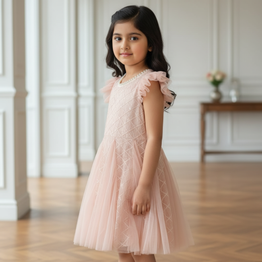 Girls Peach Embroidered Party Wear Dress with Pearl Neck & Soft Tulle