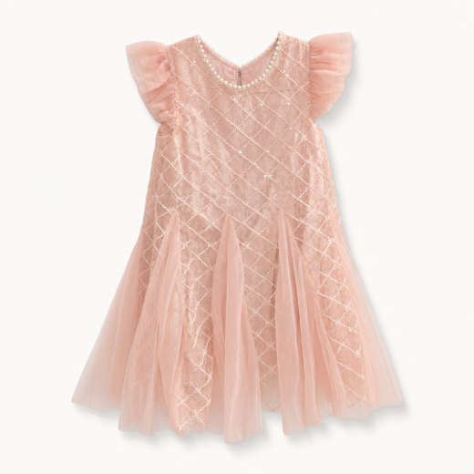 Girls Peach Embroidered Party Wear Dress with Pearl Neck & Soft Tulle