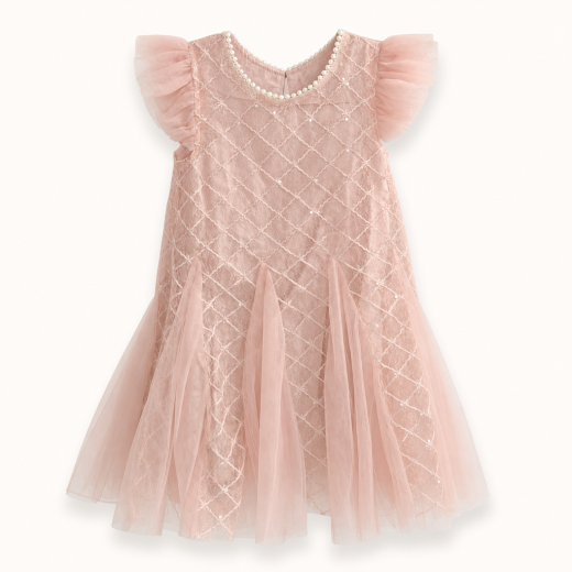 Girls Peach Embroidered Party Wear Dress with Pearl Neck & Soft Tulle