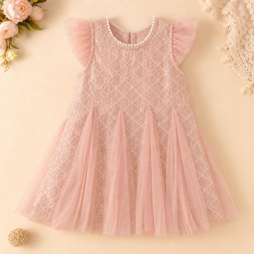 Girls Peach Embroidered Party Wear Dress with Pearl Neck & Soft Tulle