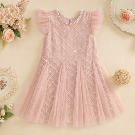 Girls Peach Embroidered Party Wear Dress with Pearl Neck & Soft Tulle