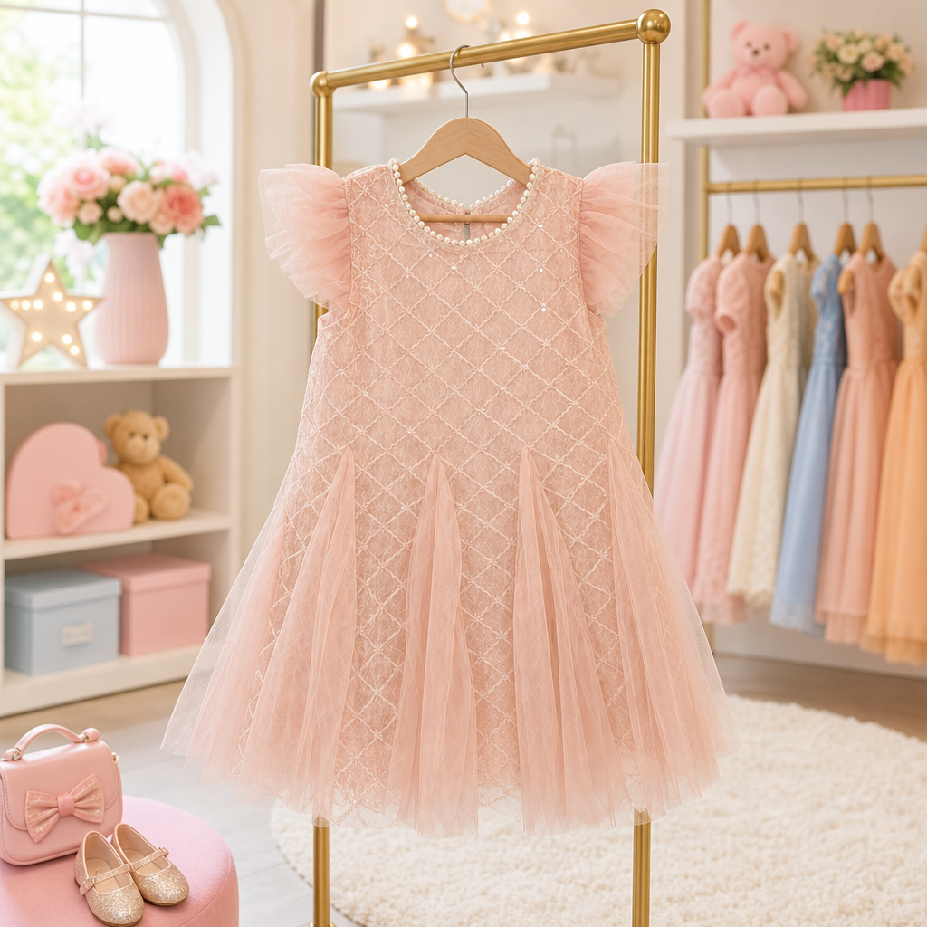 Girls Peach Embroidered Party Wear Dress with Pearl Neck & Soft Tulle