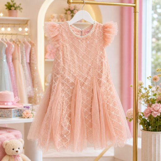 Girls Peach Embroidered Party Wear Dress with Pearl Neck & Soft Tulle