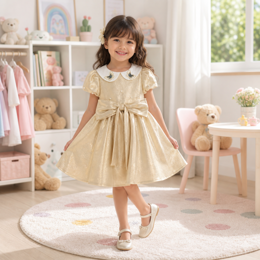 Girls Premium Golden Shimmer Party Dress with Peter Pan Collar & Bow