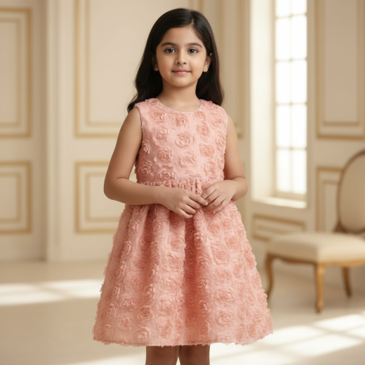 Girls Premium Peach Floral Textured Party Dress