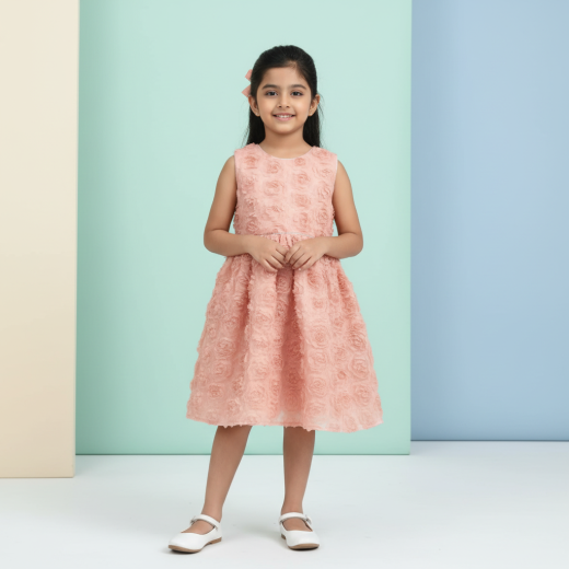 Girls Premium Peach Floral Textured Party Dress