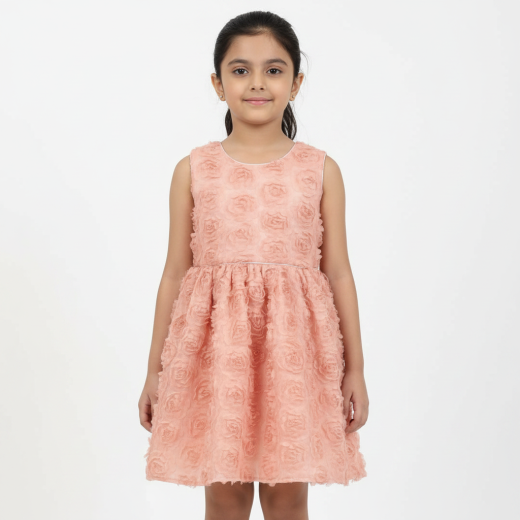 Girls Premium Peach Floral Textured Party Dress