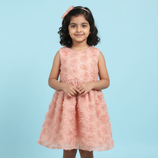 Girls Premium Peach Floral Textured Party Dress