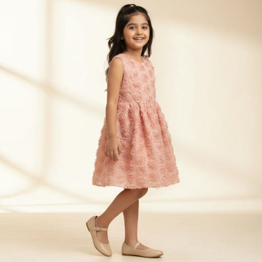 Girls Premium Peach Floral Textured Party Dress