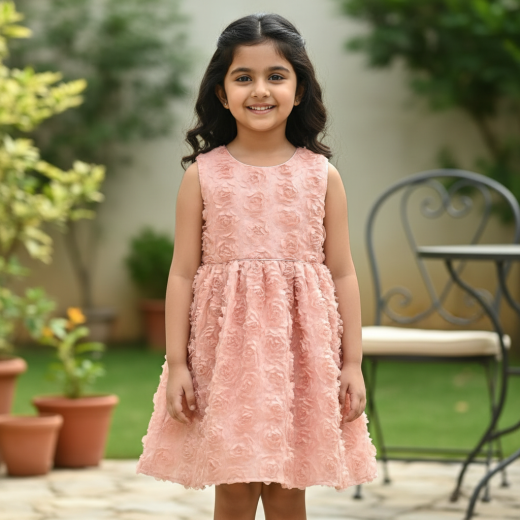 Girls Premium Peach Floral Textured Party Dress