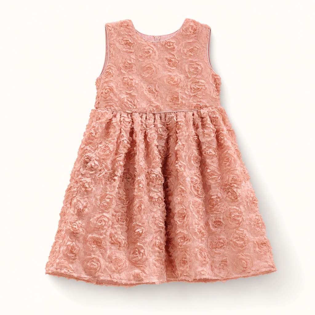 Girls Premium Peach Floral Textured Party Dress