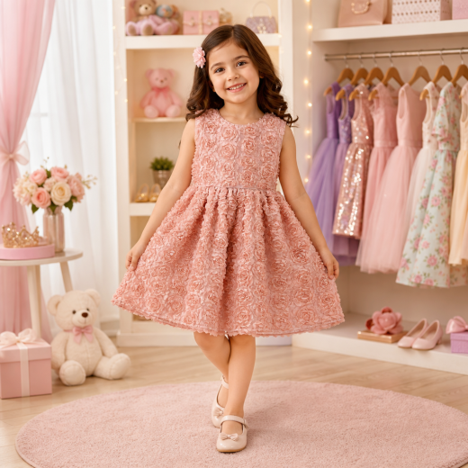 Girls Premium Peach Floral Textured Party Dress