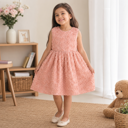 Girls Premium Peach Floral Textured Party Dress