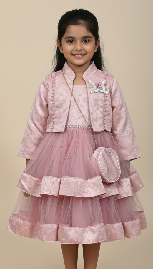 Girls Premium Pink Party Dress Set with Jacket & Sling Purse