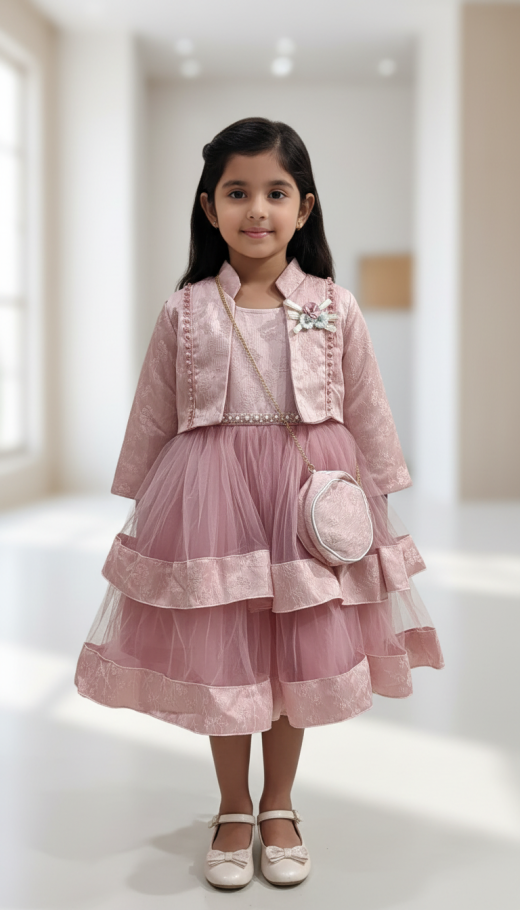 Girls Premium Pink Party Dress Set with Jacket & Sling Purse