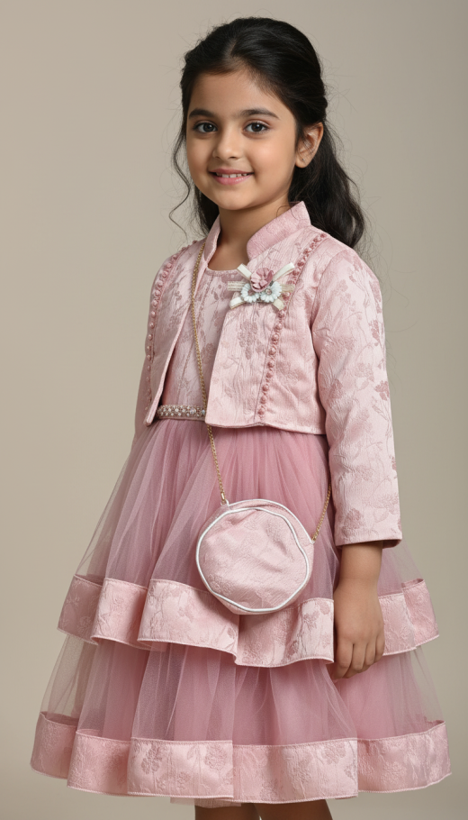 Girls Premium Pink Party Dress Set with Jacket & Sling Purse