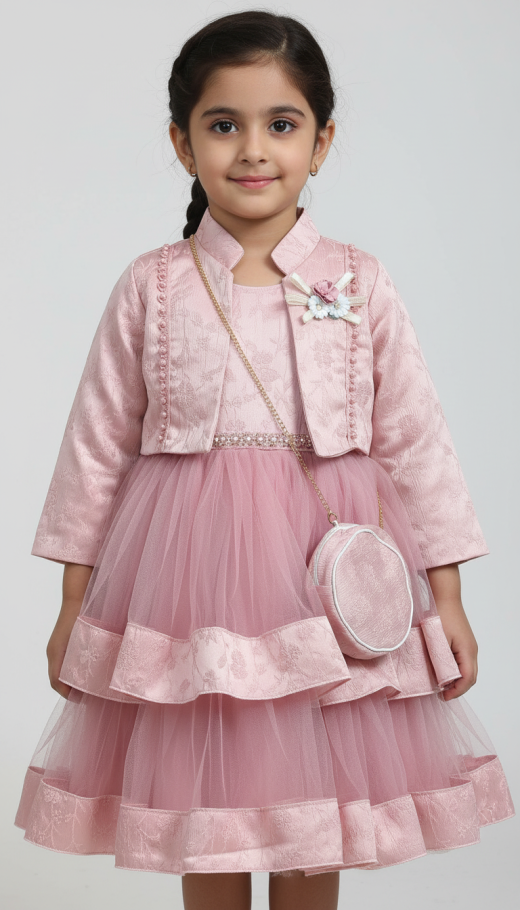 Girls Premium Pink Party Dress Set with Jacket & Sling Purse