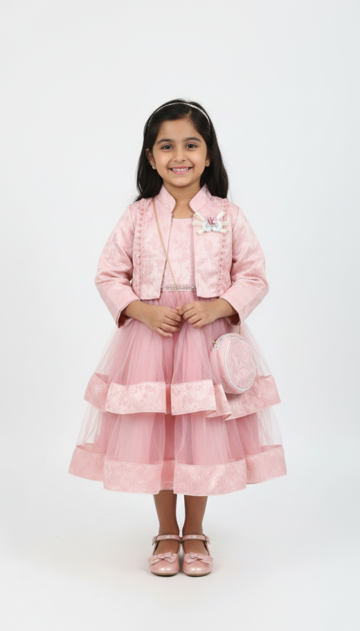 Girls Premium Pink Party Dress Set with Jacket & Sling Purse