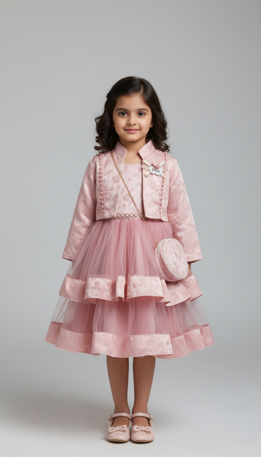 Girls Premium Pink Party Dress Set with Jacket & Sling Purse