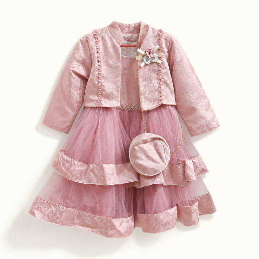 Girls Premium Pink Party Dress Set with Jacket & Sling Purse