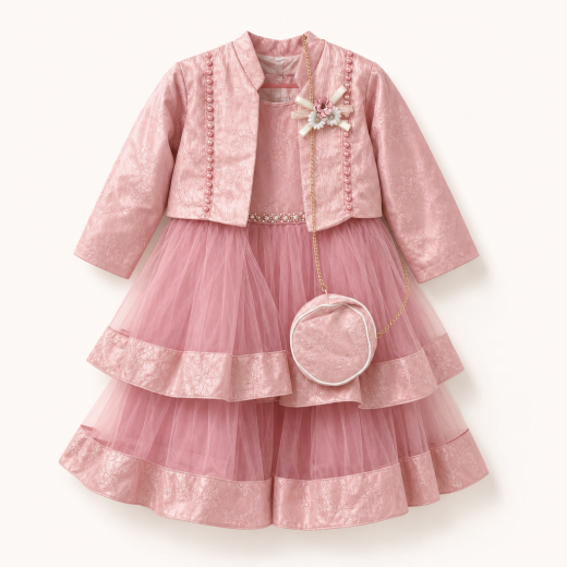 Girls Premium Pink Party Dress Set with Jacket & Sling Purse