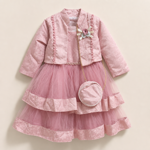 Girls Premium Pink Party Dress Set with Jacket & Sling Purse