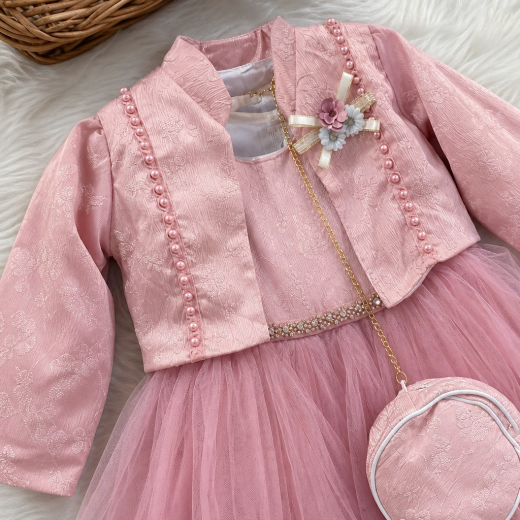 Girls Premium Pink Party Dress Set with Jacket & Sling Purse