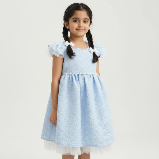 Girls Premium Sky Blue Textured Party Dress with Pearl Detail