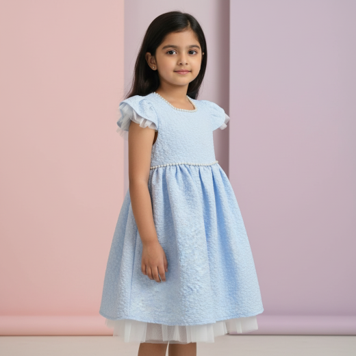 Girls Premium Sky Blue Textured Party Dress with Pearl Detail