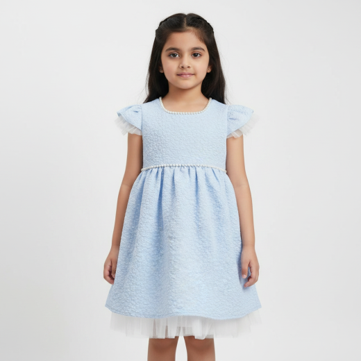 Girls Premium Sky Blue Textured Party Dress with Pearl Detail