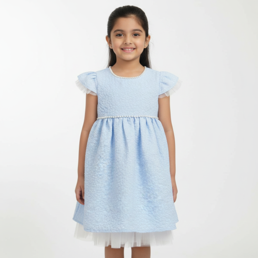 Girls Premium Sky Blue Textured Party Dress with Pearl Detail