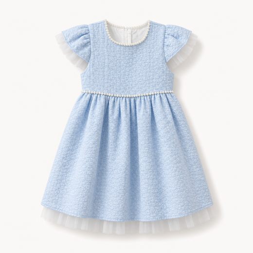 Girls Premium Sky Blue Textured Party Dress with Pearl Detail