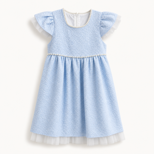 Girls Premium Sky Blue Textured Party Dress with Pearl Detail
