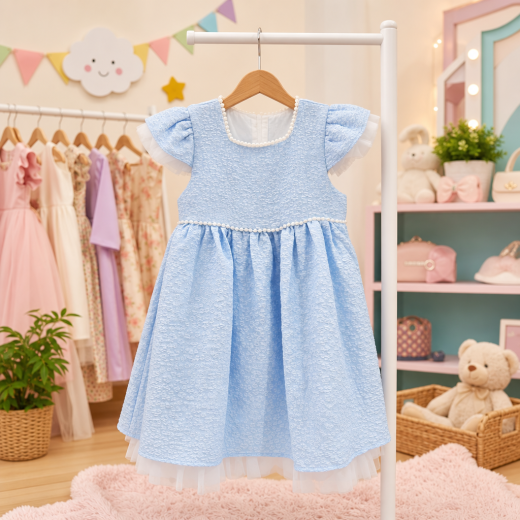 Girls Premium Sky Blue Textured Party Dress with Pearl Detail