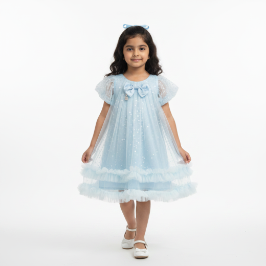 Girls Premium White Sequin Net Party Dress with Bow