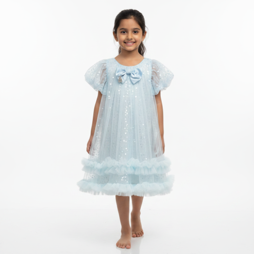 Girls Premium White Sequin Net Party Dress with Bow