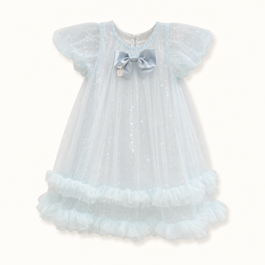 Girls Premium White Sequin Net Party Dress with Bow